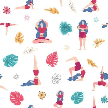 Seamless pattern Plus size curvy girls doing yoga class. Online home workou.. Stock Illustration