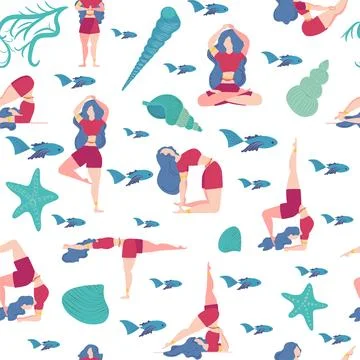 Seamless pattern Plus size curvy girls doing yoga class. Online home workou.. Stock Illustration