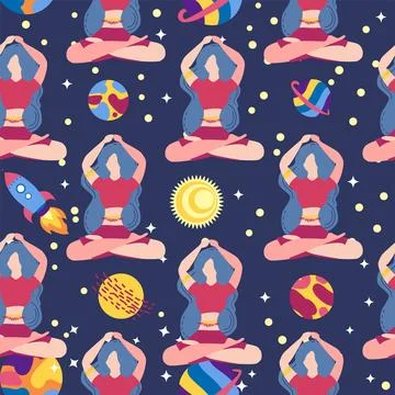 Seamless pattern Plus size curvy girls doing yoga class. Online home workou.. 스톡 일러스트