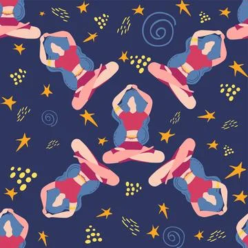 Seamless pattern Plus size curvy girls doing yoga class. Online home workou.. Stock Illustration