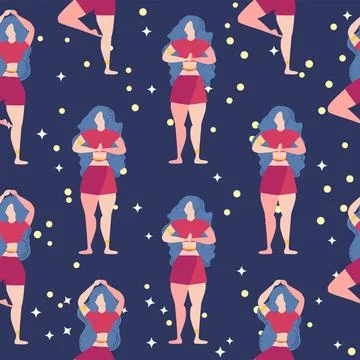 Seamless pattern Plus size curvy girls doing yoga class. Online home workou.. 스톡 일러스트