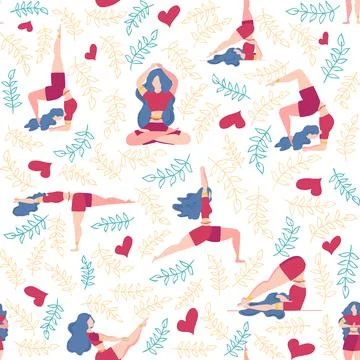 Seamless pattern Plus size curvy girls doing yoga class. Online home workou.. Stock Illustration