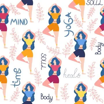 Seamless pattern Plus size curvy girls doing yoga class. Online home workou.. Stock Illustration