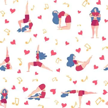 Seamless pattern Plus size curvy girls doing yoga class. Online home workou.. Stock Illustration