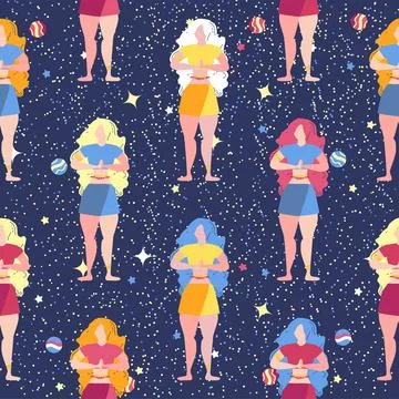 Seamless pattern Plus size curvy girls doing yoga class. Online home workou.. イラスト素材