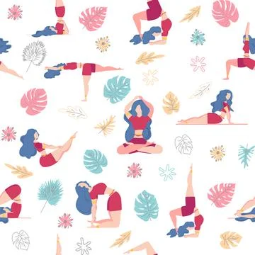 Seamless pattern Plus size curvy girls doing yoga class. Online home workou.. Stock Illustration