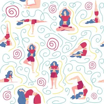 Seamless pattern Plus size curvy girls doing yoga class. Online home workou.. Stock Illustration