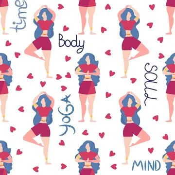 Seamless pattern Plus size curvy girls doing yoga class. Online home workou.. Stock Illustration