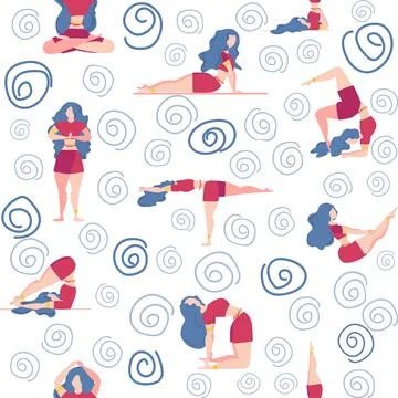 Seamless pattern Plus size curvy girls doing yoga class. Online home workou.. イラスト素材