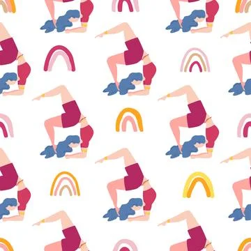Seamless pattern Plus size curvy girls doing yoga class. Online home workout  Stock Illustration