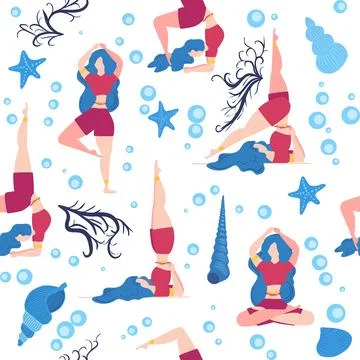 Seamless pattern Plus size curvy girls doing yoga class. Online home workou.. Stock Illustration