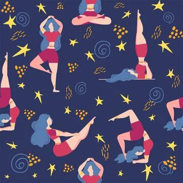 Seamless pattern Plus size curvy girls doing yoga class. Online home workou.. Stock Illustration