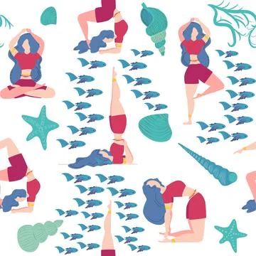 Seamless pattern Plus size curvy girls doing yoga class. Online home workout  Stockillustratie