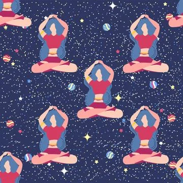 Seamless pattern Plus size curvy girls doing yoga class. Online home workou.. Stock Illustration