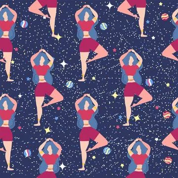 Seamless pattern Plus size curvy girls doing yoga class. Online home workou.. Illustrazione stock