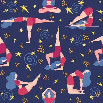 Seamless pattern Plus size curvy girls doing yoga class. Online home workou.. イラスト素材