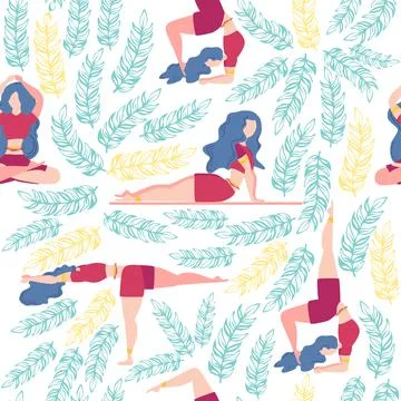 Seamless pattern Plus size curvy girls doing yoga class. Online home workou.. イラスト素材