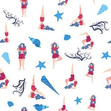Seamless pattern Plus size curvy girls doing yoga class. Online home workout  Stock Illustration