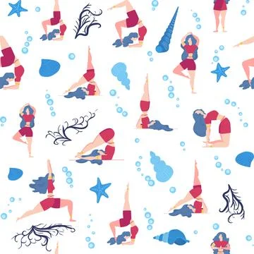 Seamless pattern Plus size curvy girls doing yoga class. Online home workout  Stock Illustration