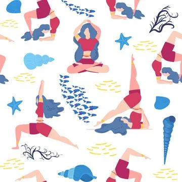 Seamless pattern Plus size curvy girls doing yoga class. Online home workout  Stock Illustration