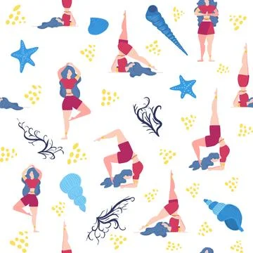 Seamless pattern Plus size curvy girls doing yoga class. Online home workout  Stock Illustration