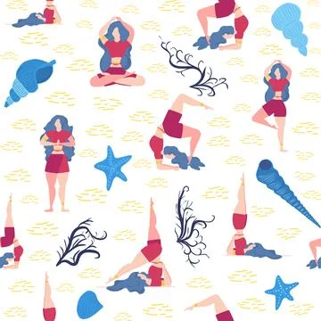 Seamless pattern Plus size curvy girls doing yoga class. Online home workou.. Stock Illustration