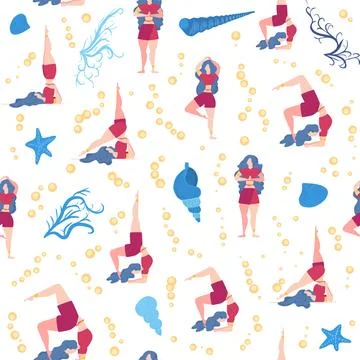 Seamless pattern Plus size curvy girls doing yoga class. Online home workout  Stock Illustration