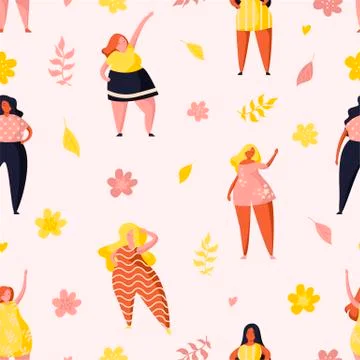 Seamless pattern with plus size girls and flowers Stock Illustration