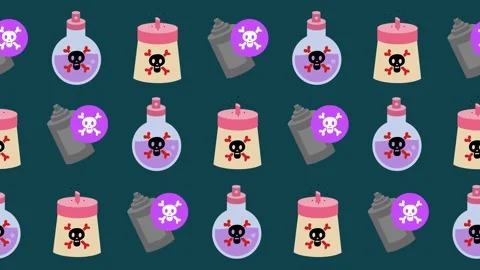 Seamless pattern with poison bottles, toxic spray cans, and skull symbols Stock Footage 330465930