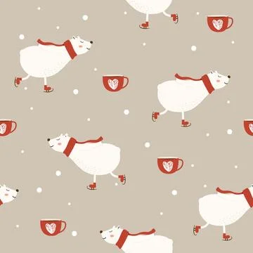 Seamless pattern of polar bear with skates on the ice. Stock Illustration