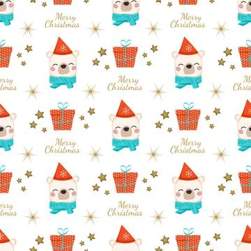 Seamless pattern with polar bear, text merry Christmas and gift box Stock Illustration