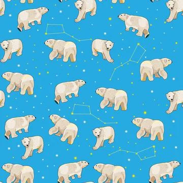 Seamless pattern with polar bears, stars and constellation on the blue backgr Stock Illustration