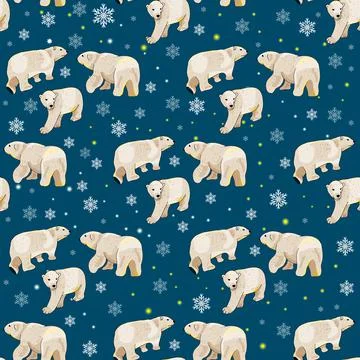 Seamless pattern with polar bears, stars and snowflakes on the blue backgroun Stock Illustration
