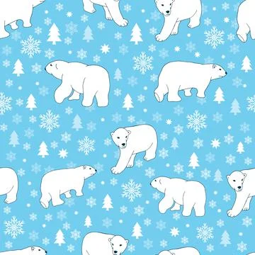 Seamless pattern with polar bears, stars and snowflakes on the blue backgroun Stock Illustration