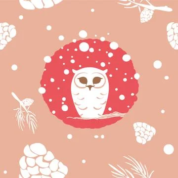 Seamless pattern with polar owl sitting on the branch under the snow Stock Illustration