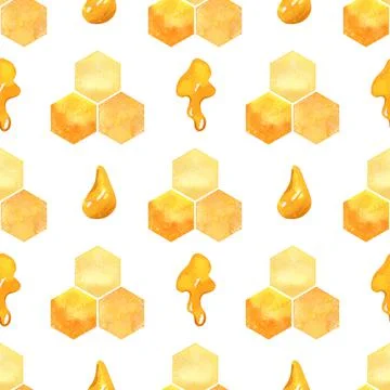 Seamless pattern with poligonal honeycombs and honey, Watercolor repeat pattern Stock Illustration