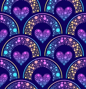 Seamless pattern of polka dot hearts and polka dot rainbows on a dark backg.. 스톡 일러스트