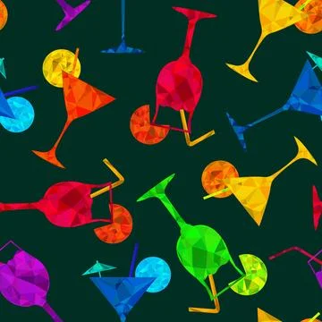 Seamless pattern with polygonal rainbow cocktails on dark green background,.. Stock Illustration