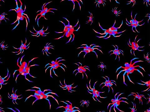 Seamless pattern of polygonal spiders. Silhouettes of spiders on a black ba.. Illustrazione stock