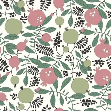 Seamless pattern of pomegranate and apple tree Stock Illustration