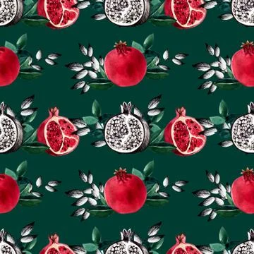 Seamless pattern of pomegranate and fruit leaves. Stock Illustration
