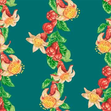 Seamless pattern with pomegranate blooming flowers in decorative graphic vect Stock Illustration