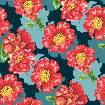 Seamless pattern with pomegranate blooming flowers in realistic vector Stock Illustration