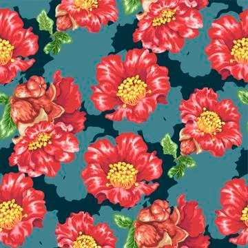 Seamless pattern with pomegranate blooming flowers in realistic vector Stock Illustration