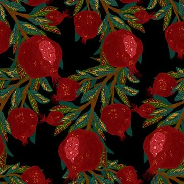 A seamless pattern with pomegranate branches. A stylized, fresh, and vibrant  Stock Illustration