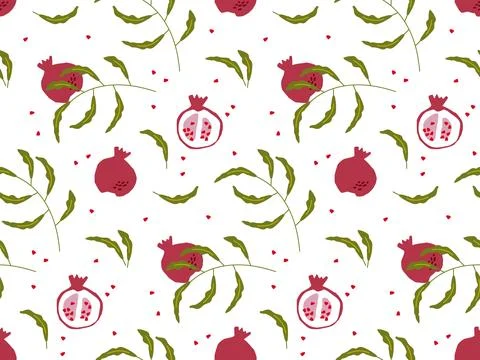 Seamless pattern with pomegranate fruits, leaf branch, seeds. Free hand doodle Stock Illustration