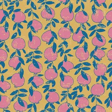 Seamless pattern. Pomegranate tree branches with fruit. Outlined vector illus Stock Illustration