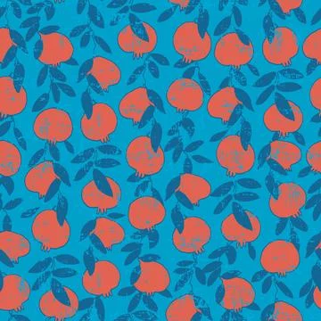 Seamless pattern. Pomegranate tree branches with fruit. Outlined vector illus Stock Illustration