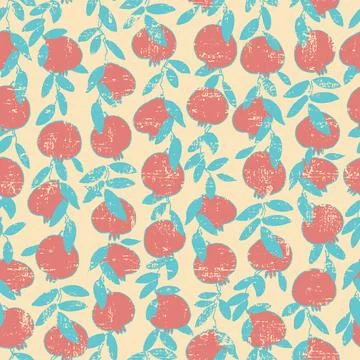 Seamless pattern. Pomegranate tree branches with fruit. Outlined vector ill.. Stock Illustration
