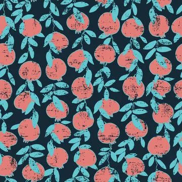 Seamless pattern. Pomegranate tree branches with fruit. Outlined vector illus Stock Illustration